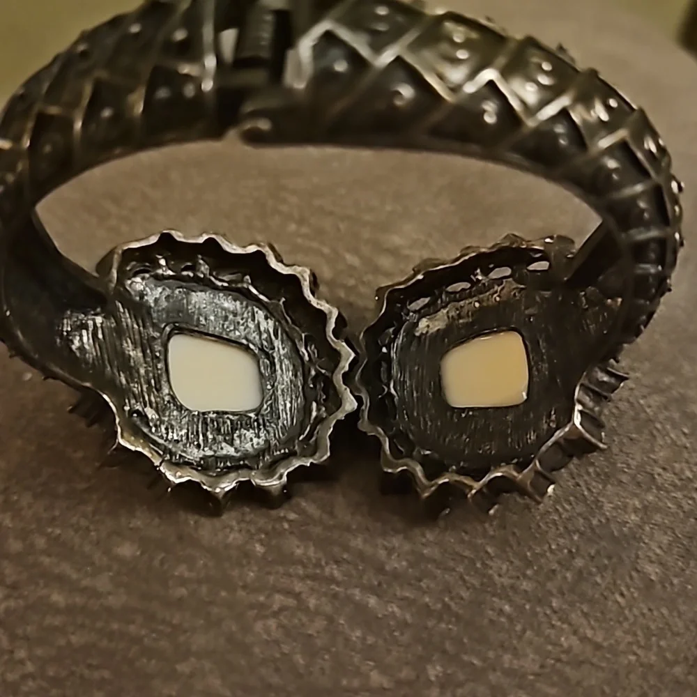VTG Medieval Castlecore Bronze Rhinestone Chunky Clamper Bracelet